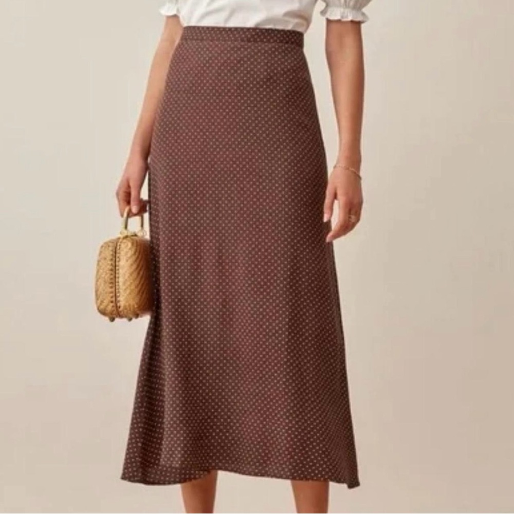Reformation Brown Polka Dot Midi Skirt